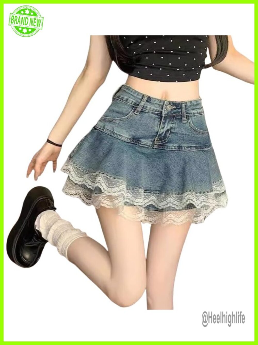 Y2K High Waist Denim Mini Skirt Lace Trim Layered A-Line Skater